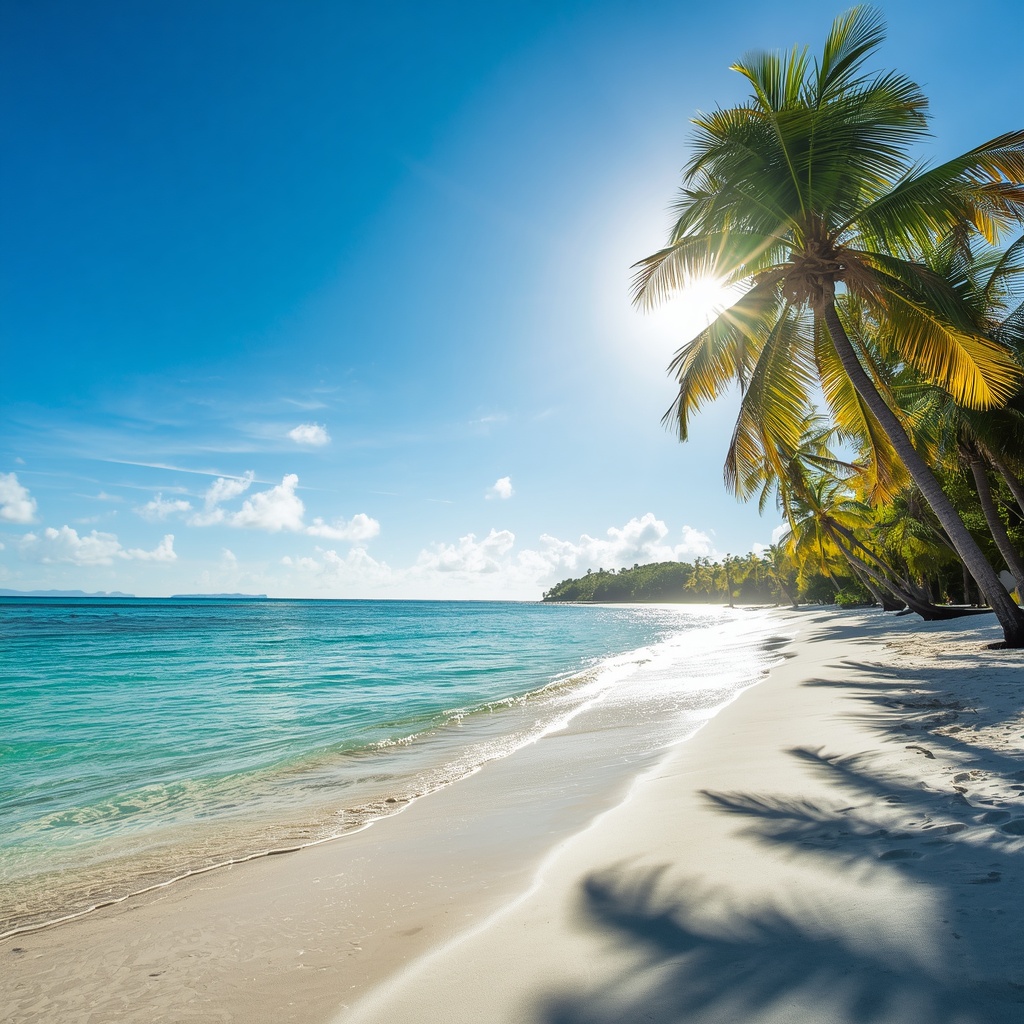 A pristine tropical beach with turquoise water, white sand, and palm trees swaying under a bright blue sky with golden sunlight